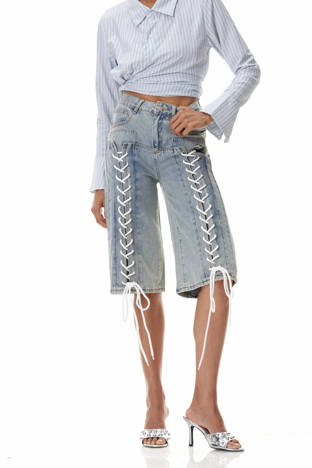 Blue Lace-Up Midi Denim Jeans