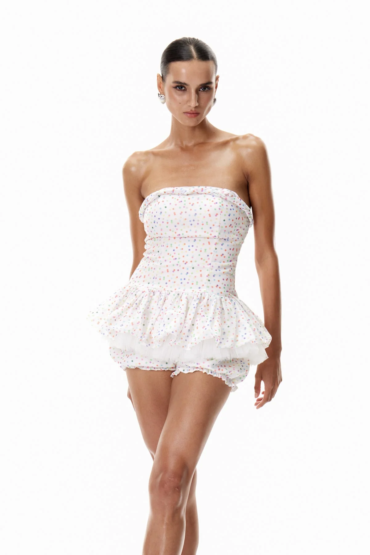 White Dot Mesh Puffy Mini Dress - Elegant & Modern Design