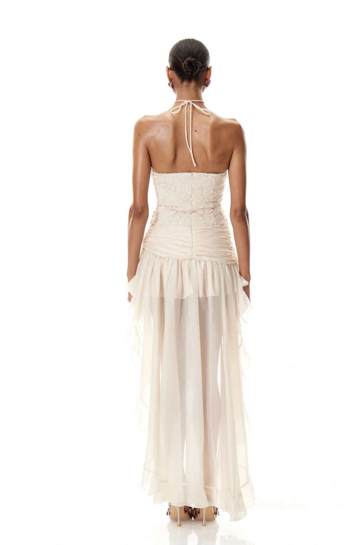 Embroidered Asymmetric Maxi Dress in Beige