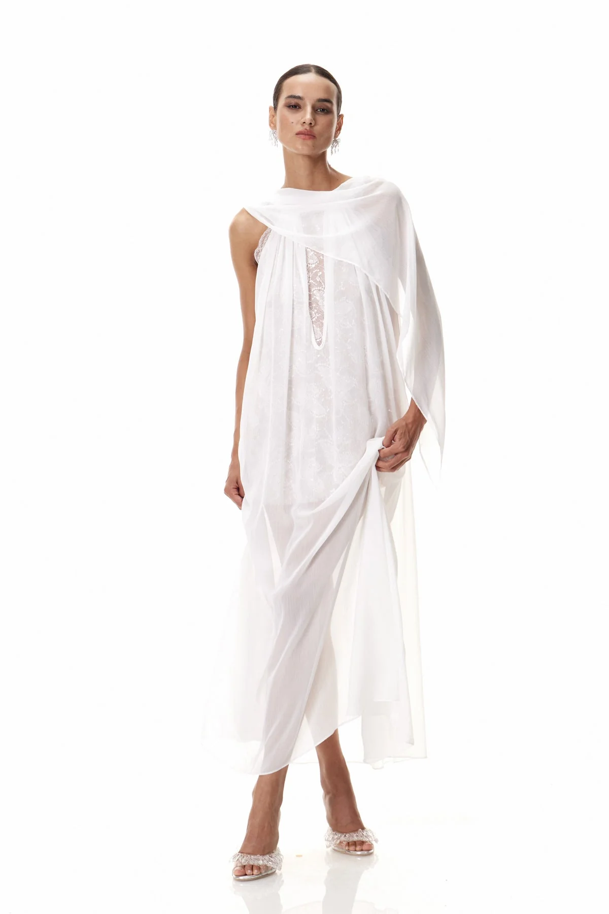 White Sequin Shawl Maxi Dress for Elegant Occasions