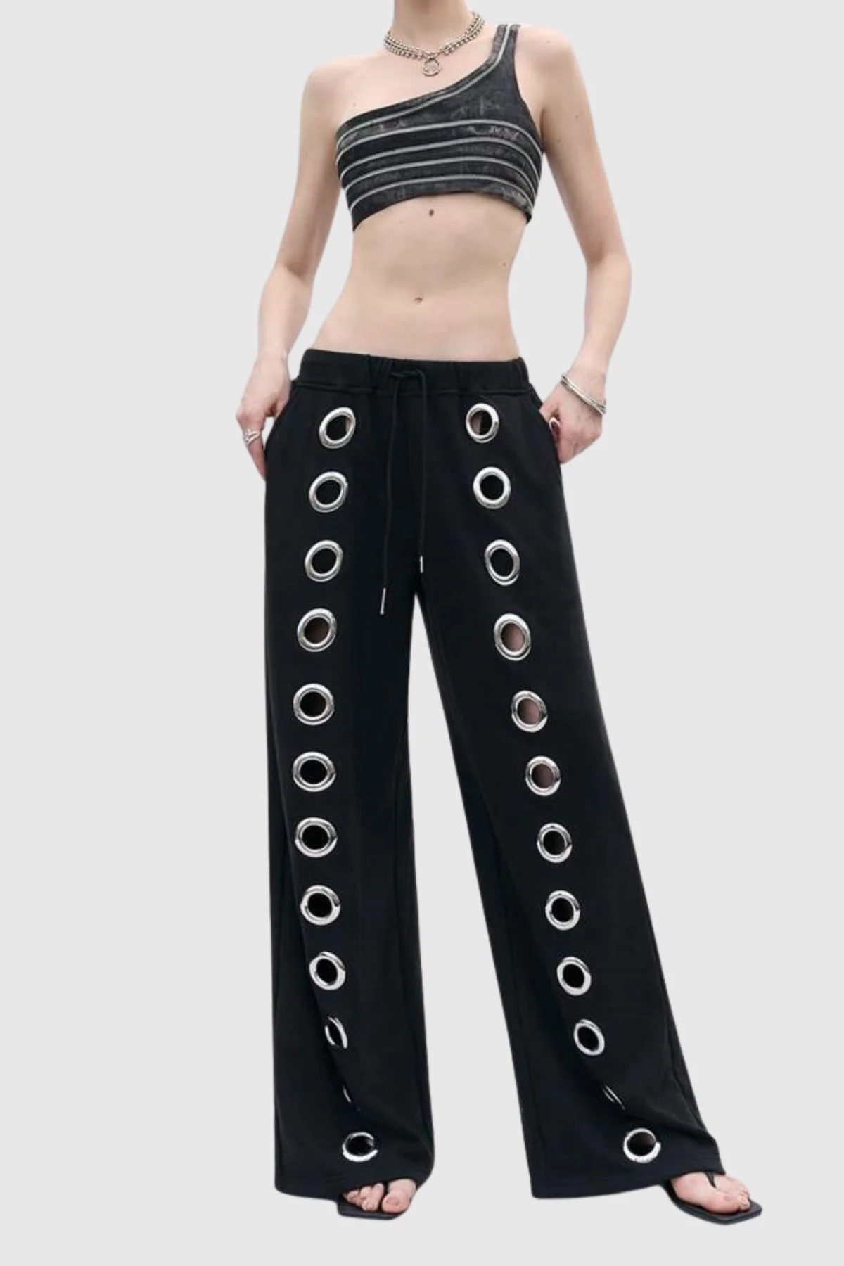 Classic Black Eyelet Straight Pants for Sophisticated Style