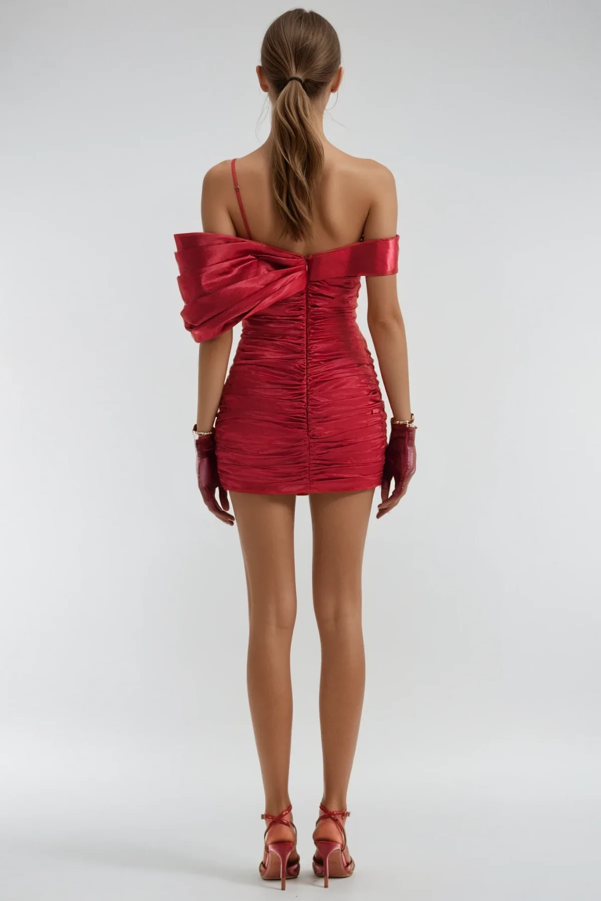 Sophisticated Asymmetric Ruched Red Mini Dress
