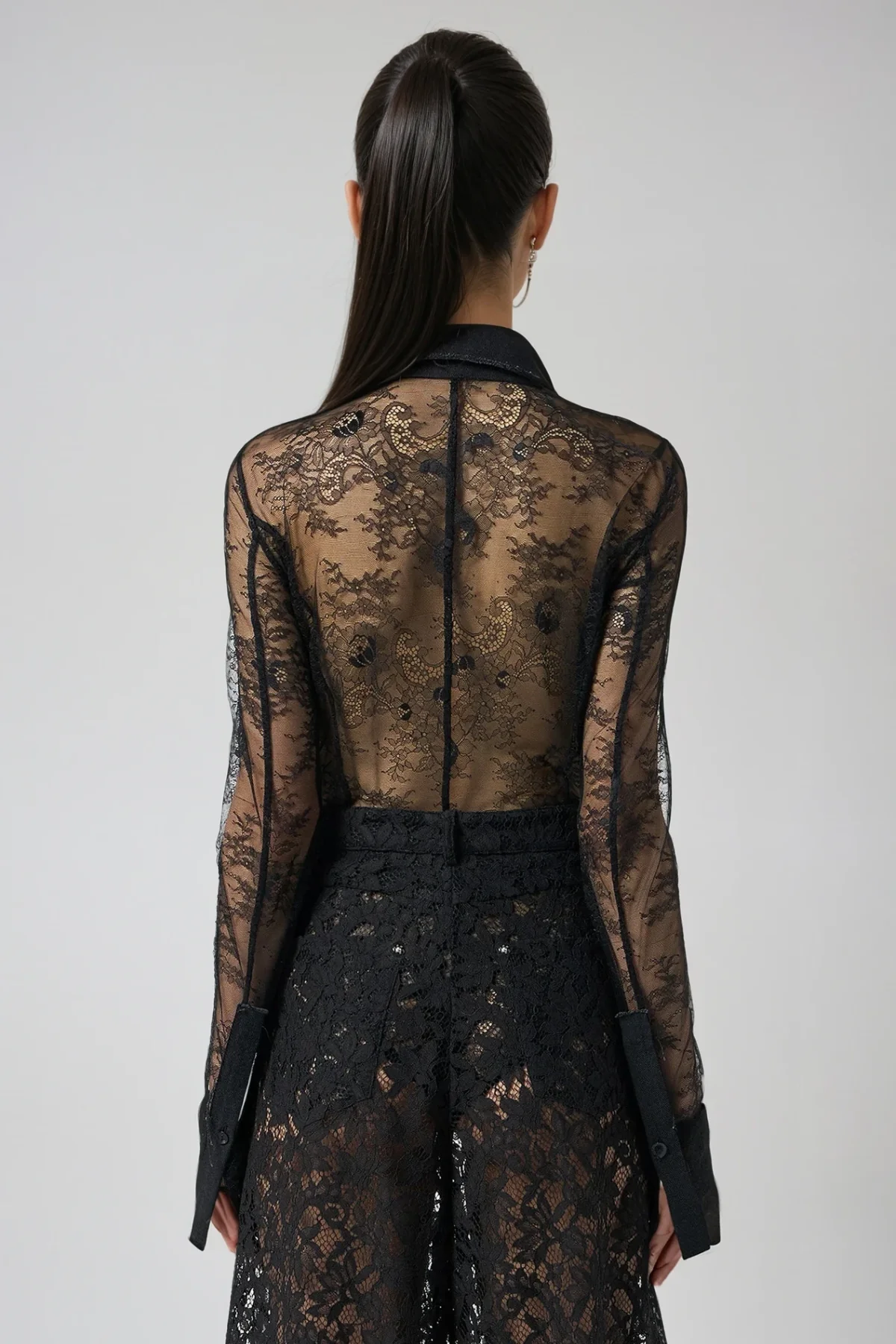 Black Mesh Lace Romper with Long Sleeves
