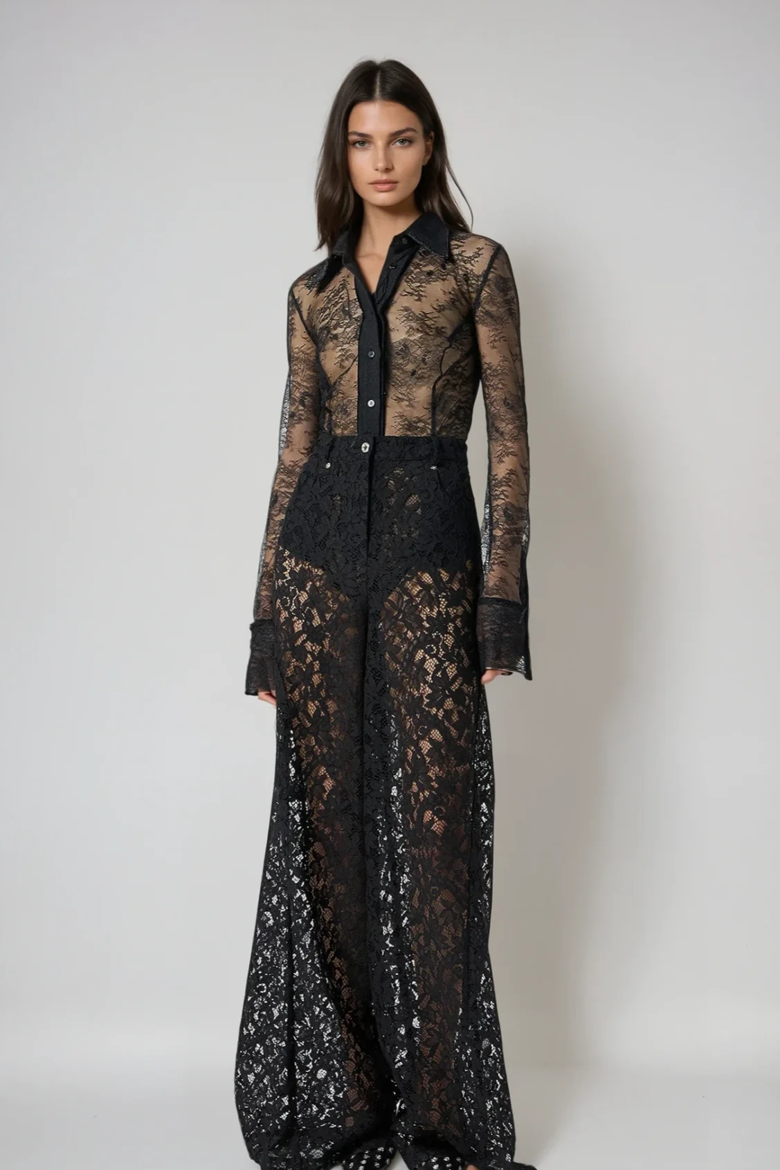 Black Mesh Lace Romper with Long Sleeves