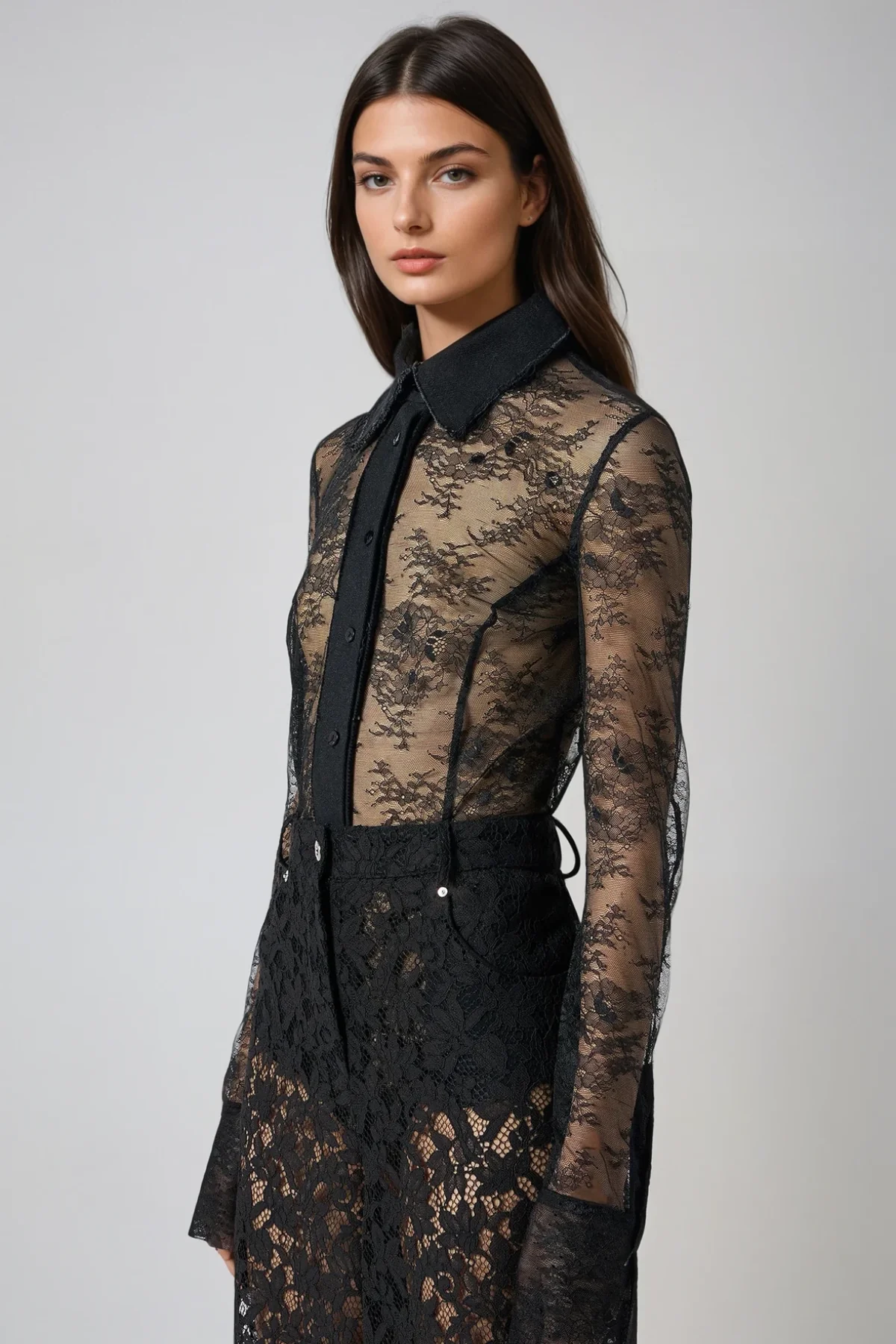 Black Mesh Lace Romper with Long Sleeves