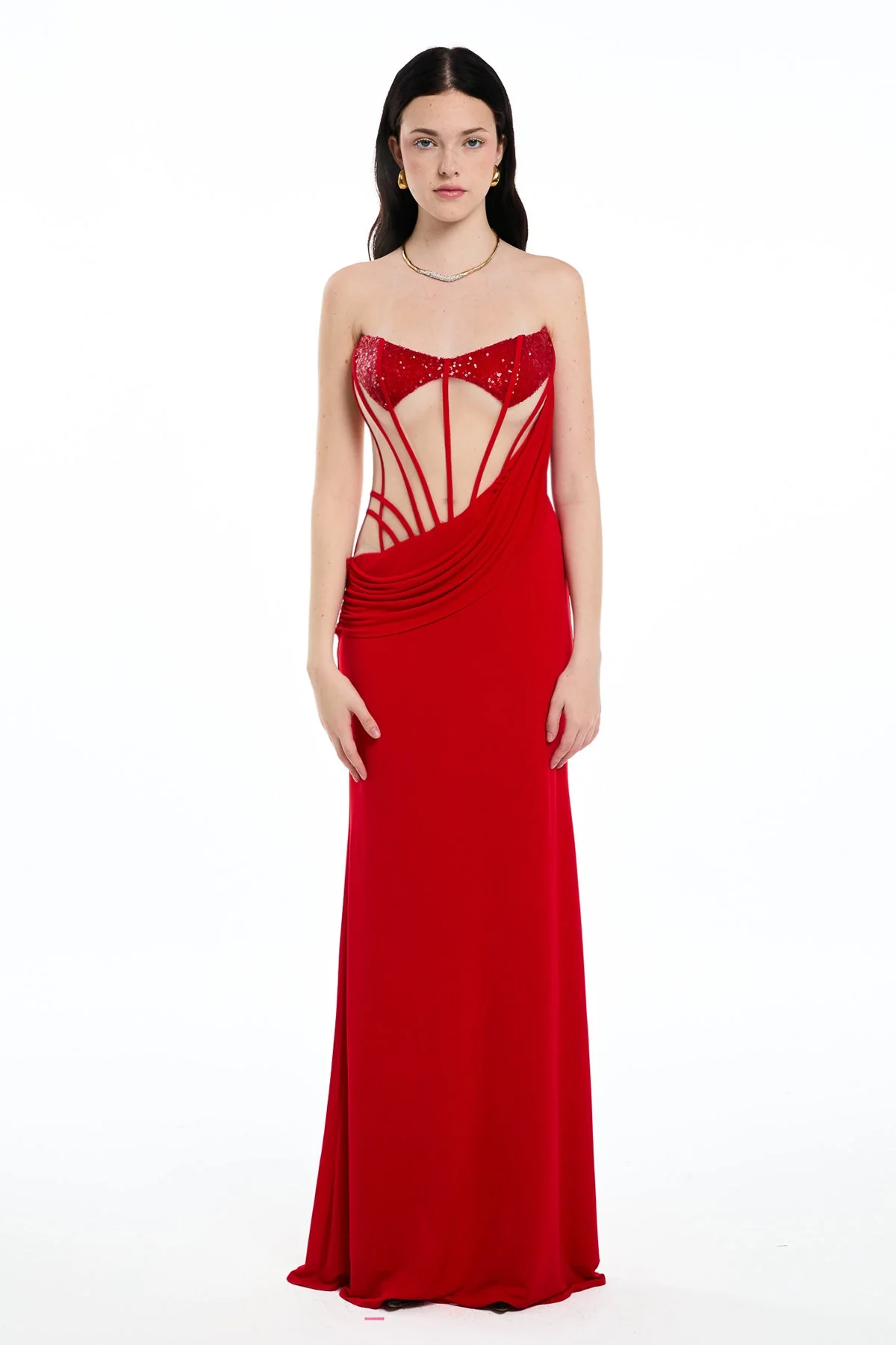 Red Sequin Corset Maxi Dress - Elegant Evening Wear