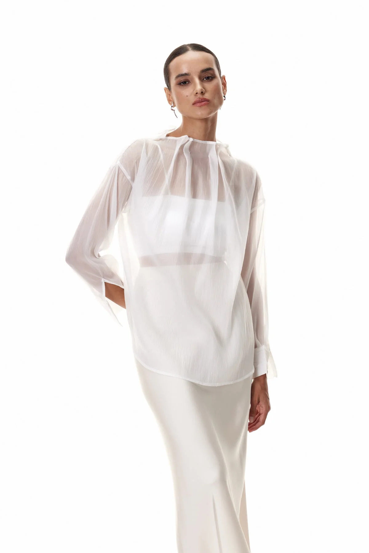 White Ruched Long Sleeve Top