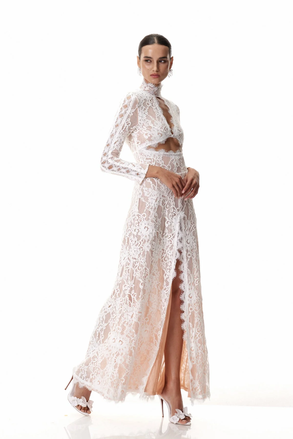 White Cutout Lace Maxi Dress - Elegant Floral Details