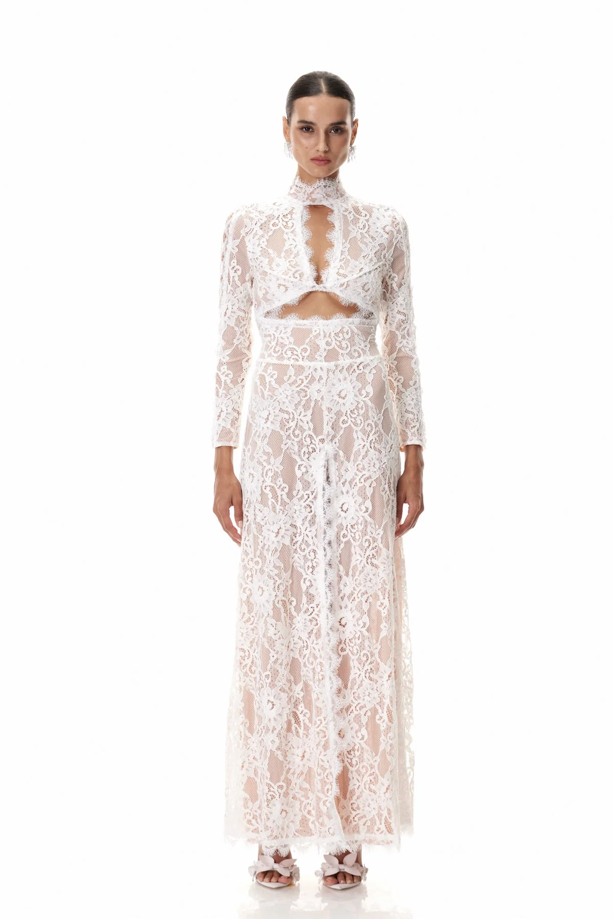 White Cutout Lace Maxi Dress - Elegant Floral Details