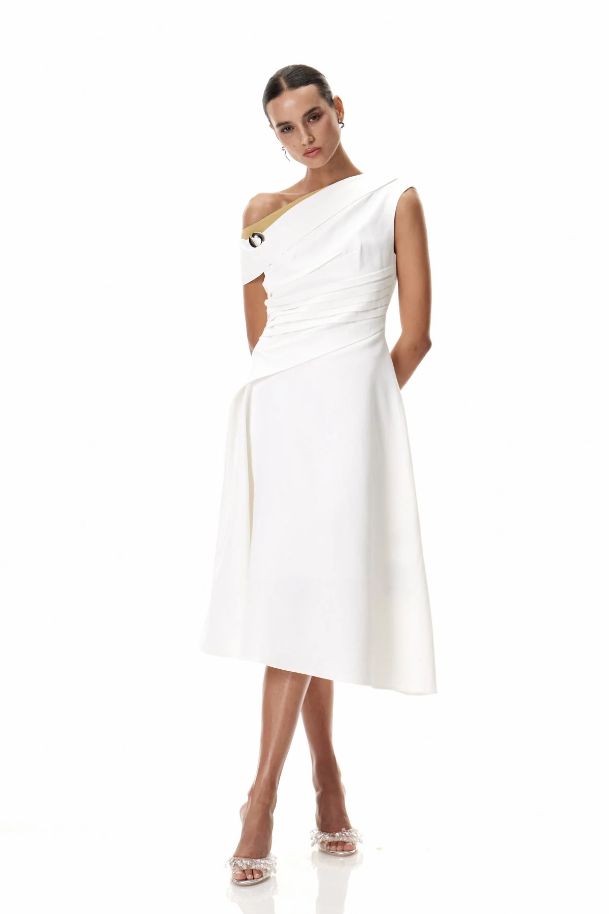 White One Shoulder Ruched Midi Dress