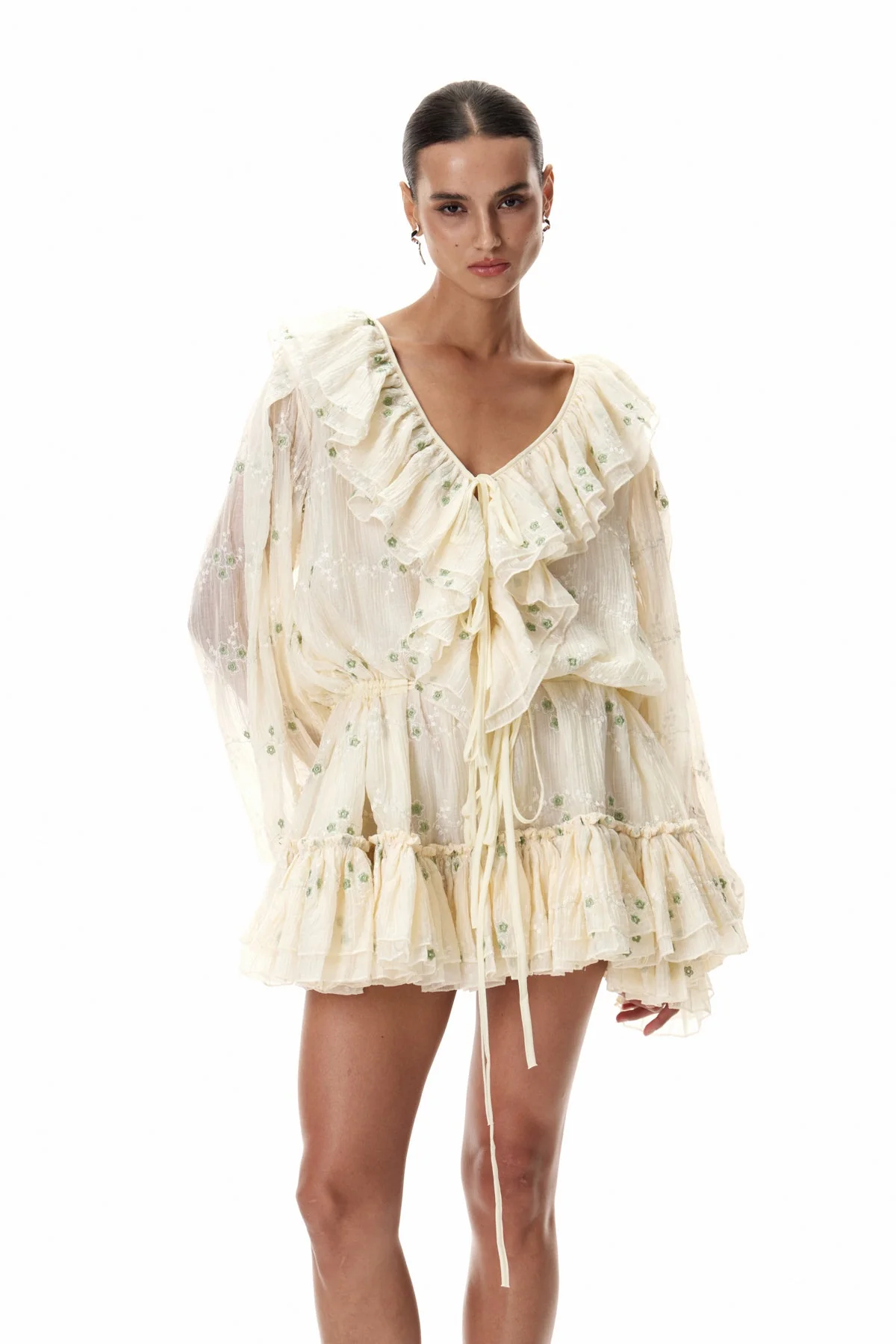Beige Balloon Sleeve Ruffle Mini Dress