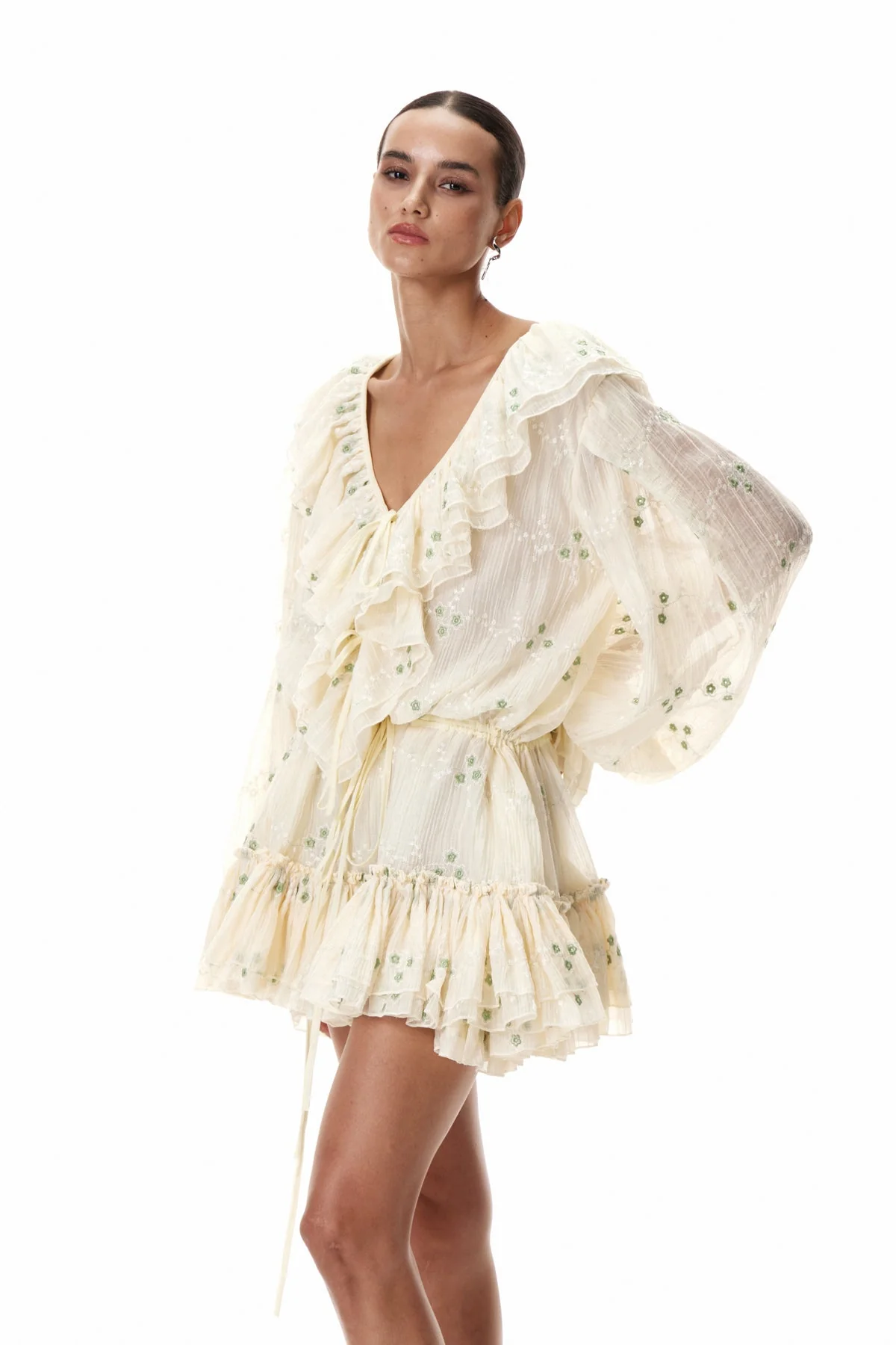 Beige Balloon Sleeve Ruffle Mini Dress