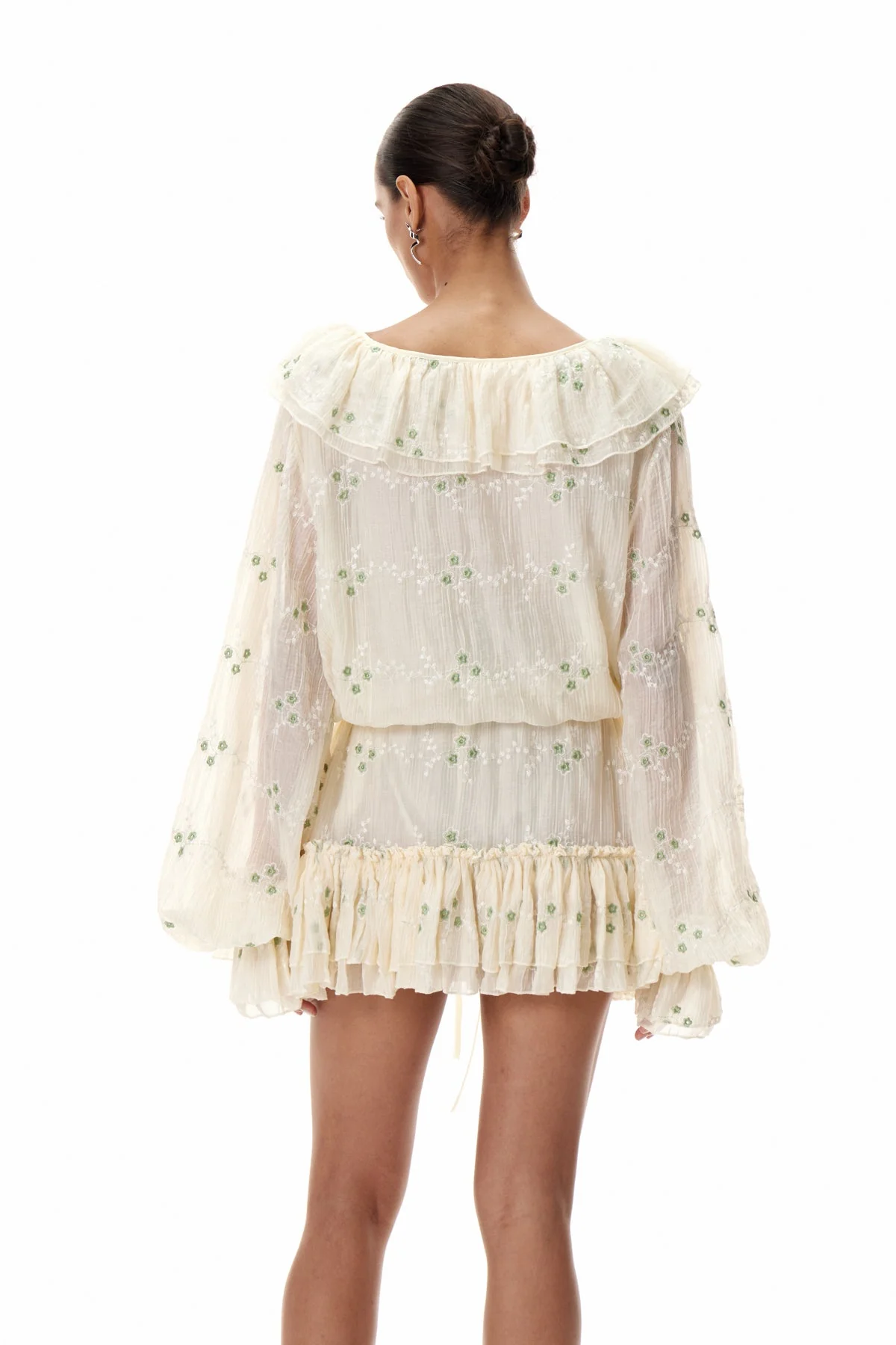 Beige Balloon Sleeve Ruffle Mini Dress