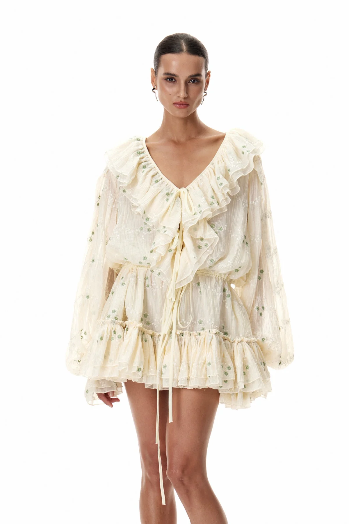 Beige Balloon Sleeve Ruffle Mini Dress