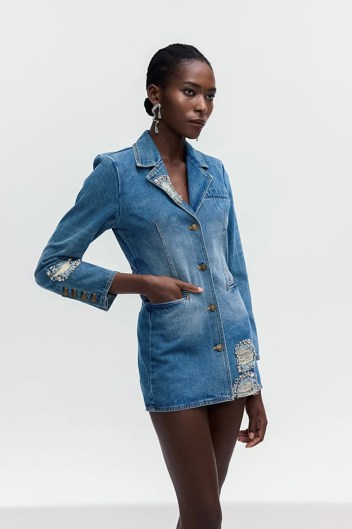 Chic Blue Denim Rhinestone Lapel Mini Dress