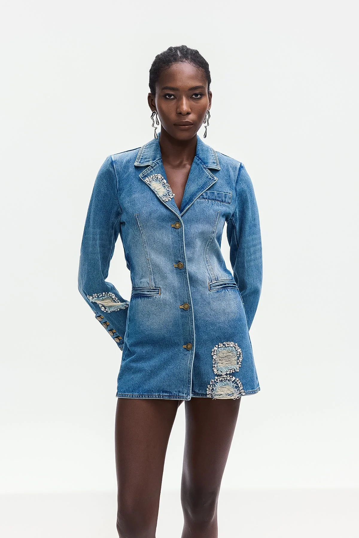 Chic Blue Denim Rhinestone Lapel Mini Dress