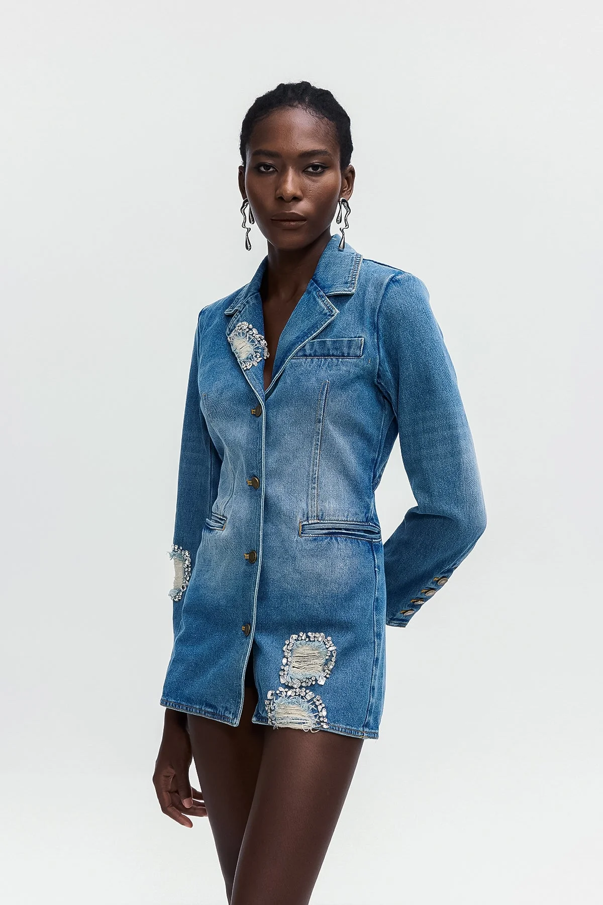 Chic Blue Denim Rhinestone Lapel Mini Dress