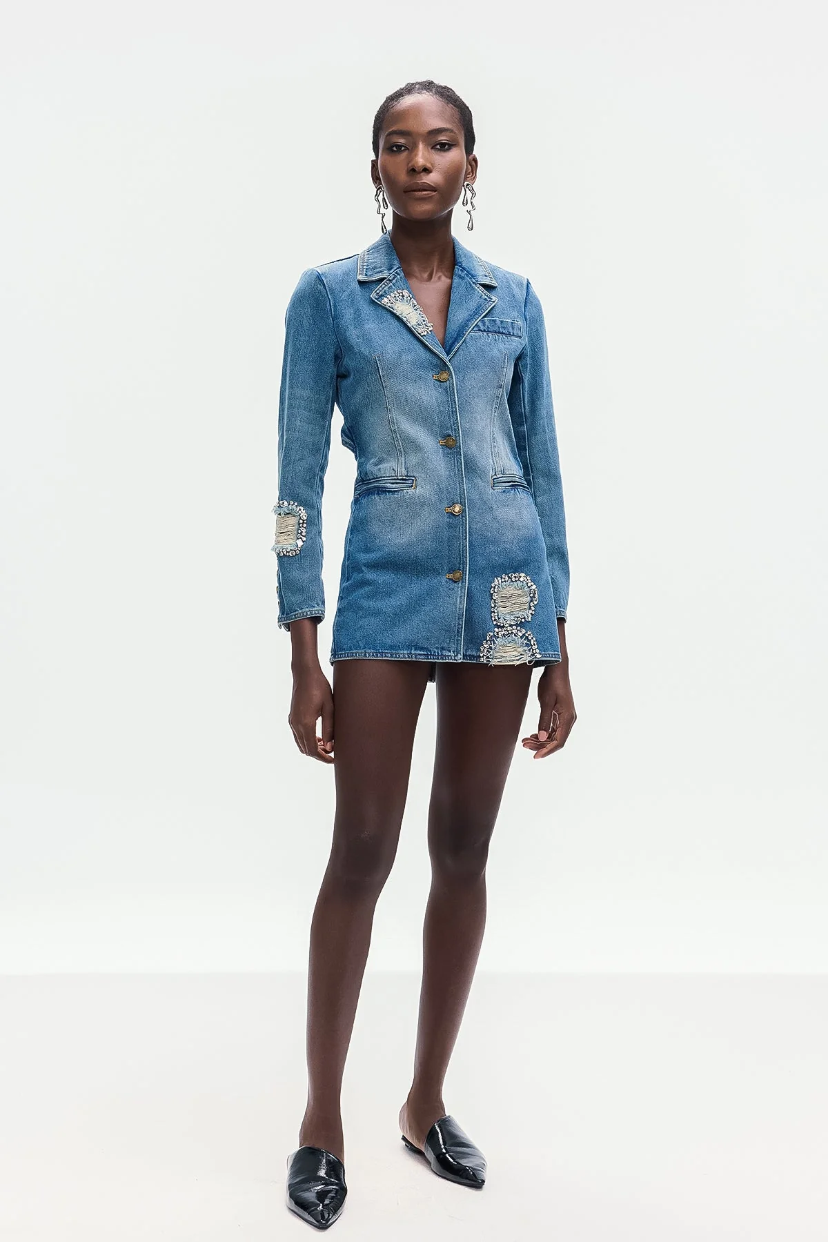 Chic Blue Denim Rhinestone Lapel Mini Dress