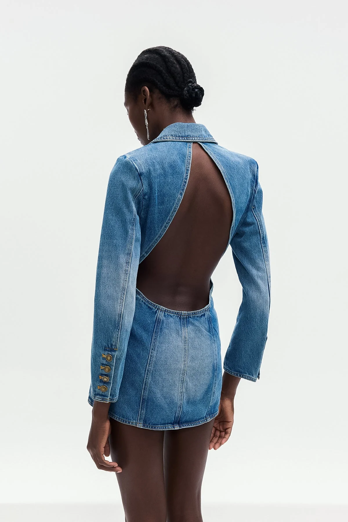 Chic Blue Denim Rhinestone Lapel Mini Dress