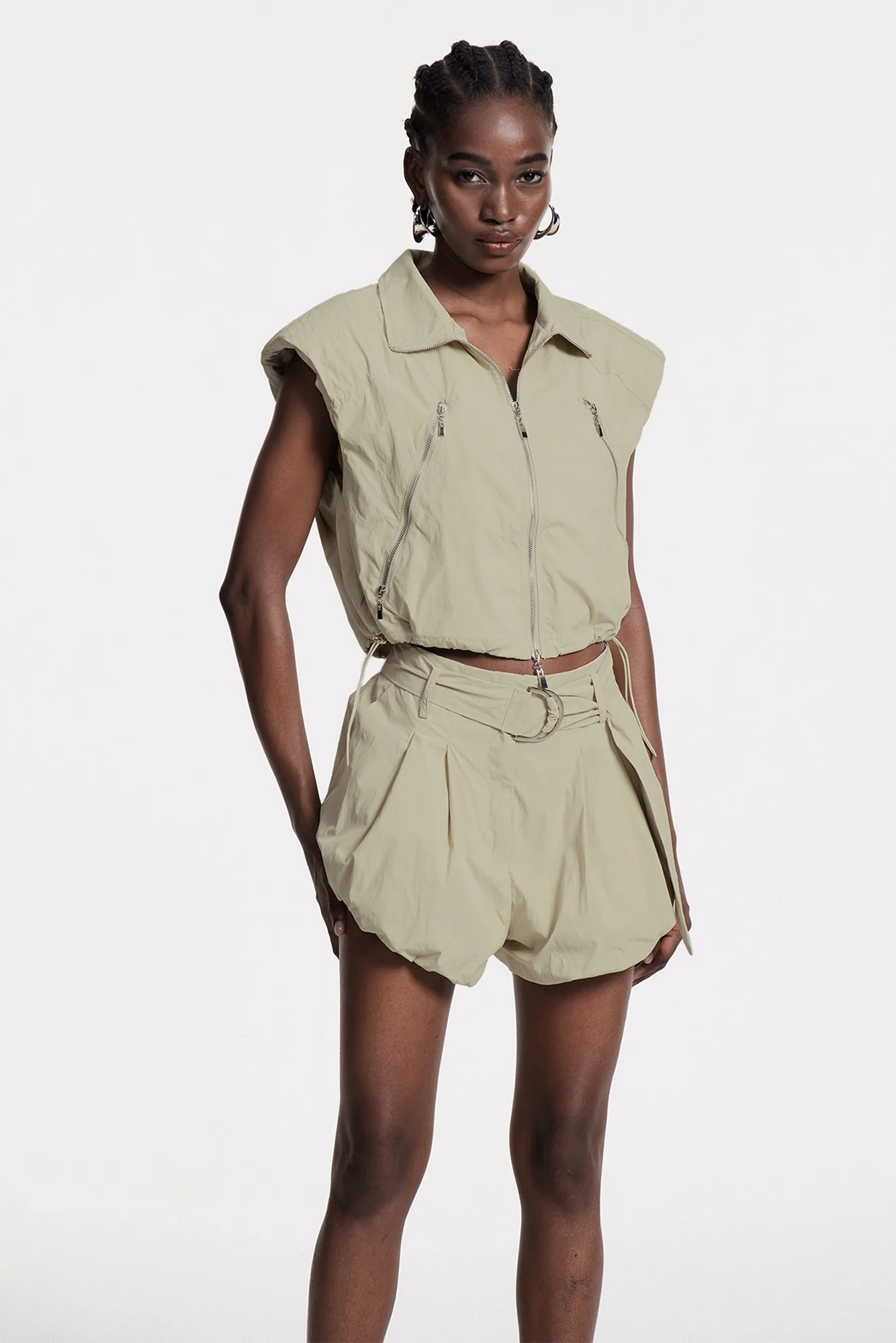 Beige Drawstring Sleeveless Top for Urban Edge Style