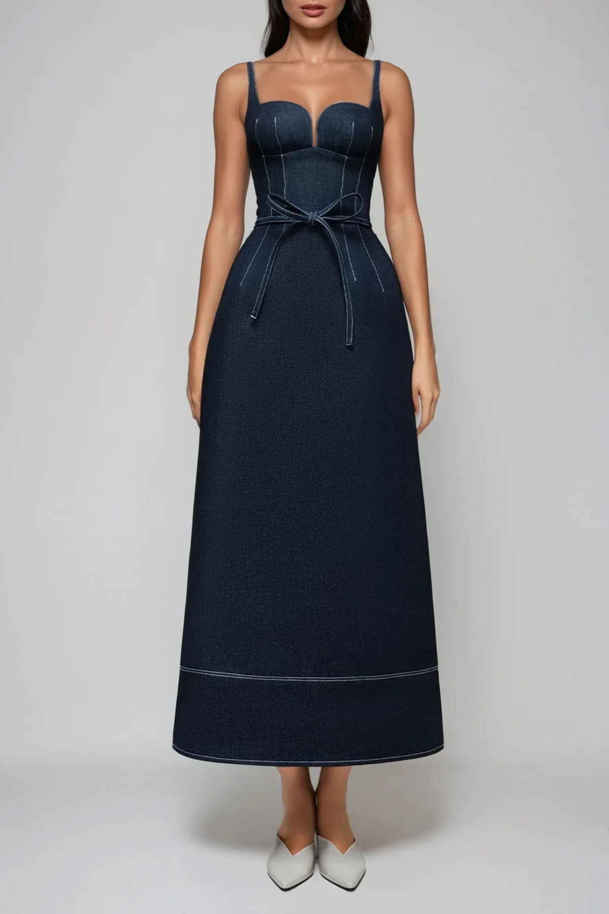 Elegant Denim Maxi Dress with Bow Detail