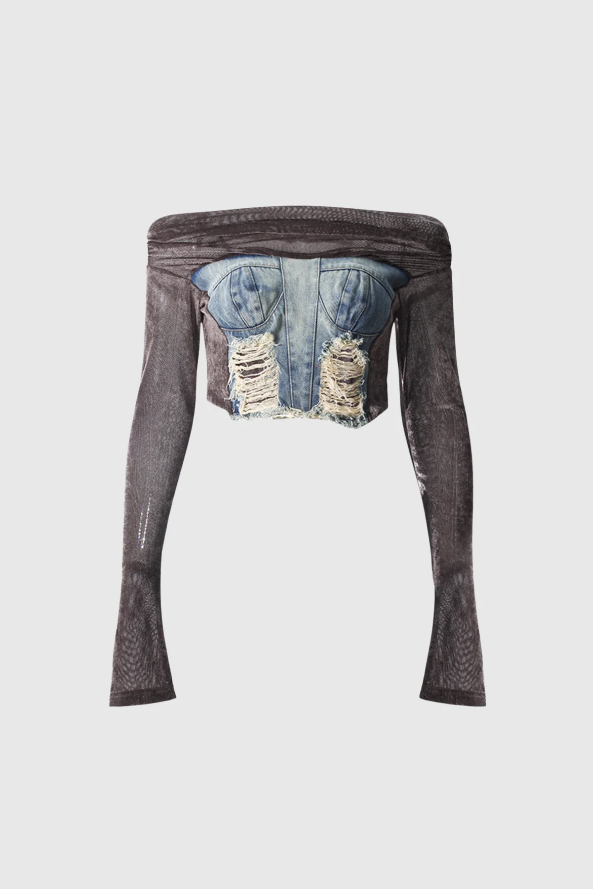 Gray Mesh Off Shoulder Skirt Set