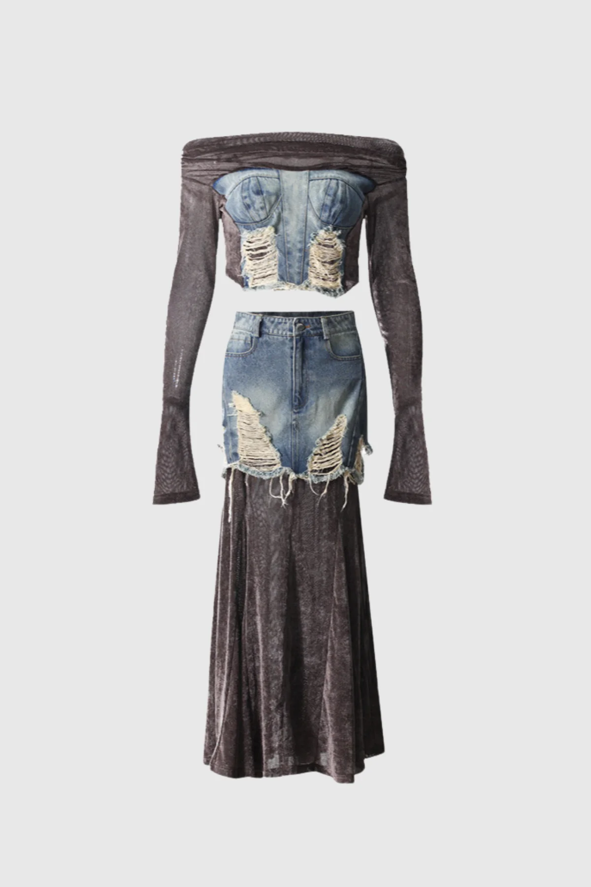 Gray Mesh Off Shoulder Skirt Set