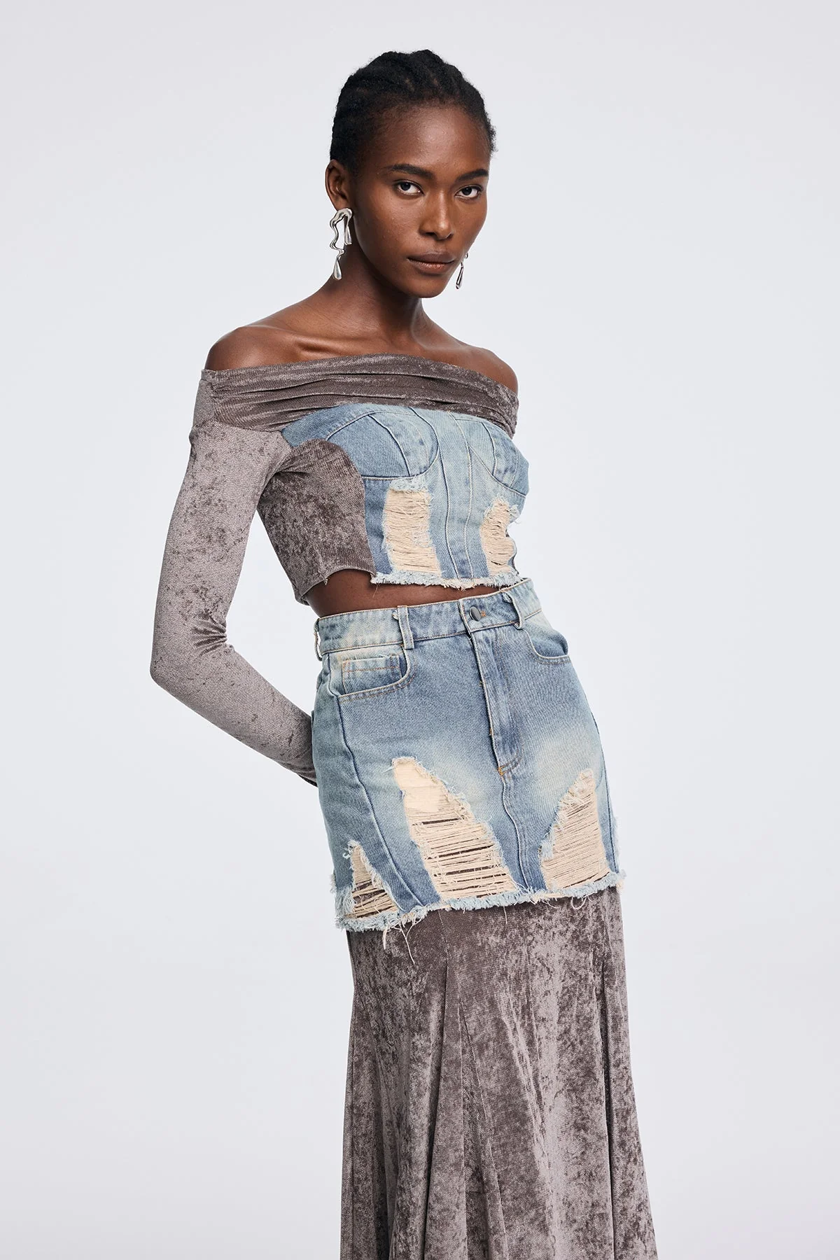 Gray Mesh Off Shoulder Skirt Set