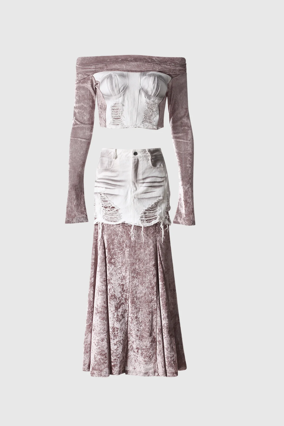 Gray Mesh Off Shoulder Skirt Set