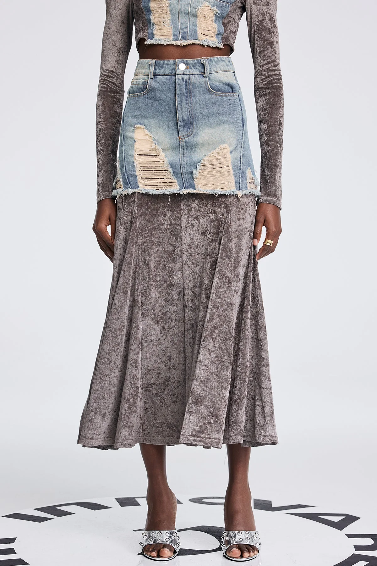 Gray Mesh Off Shoulder Skirt Set