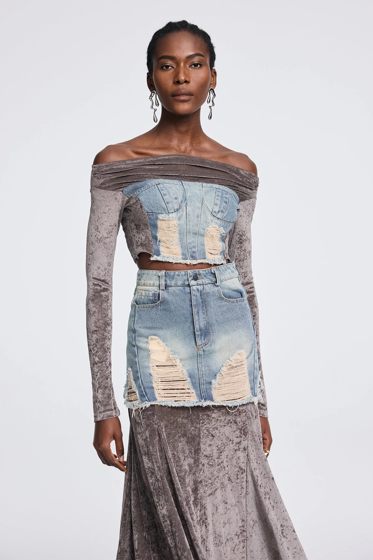 Gray Mesh Off Shoulder Skirt Set