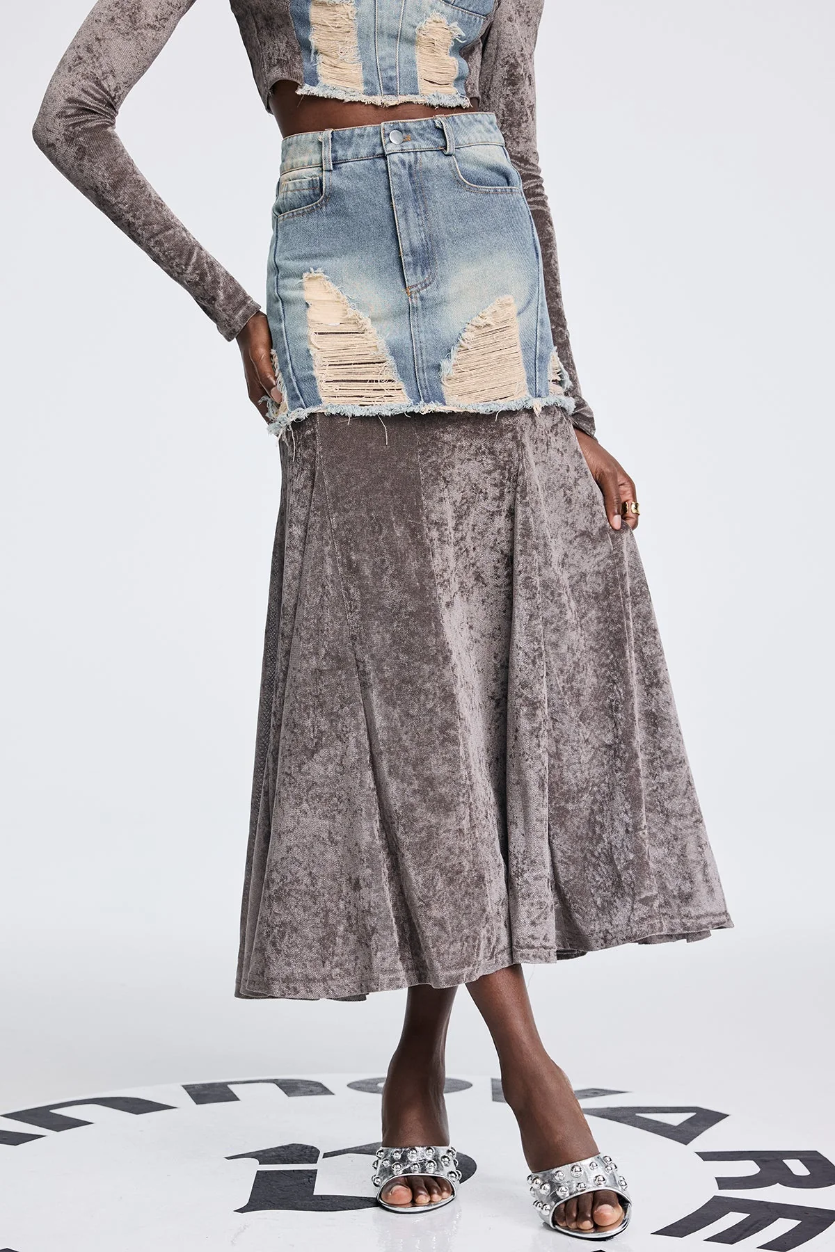Gray Mesh Off Shoulder Skirt Set