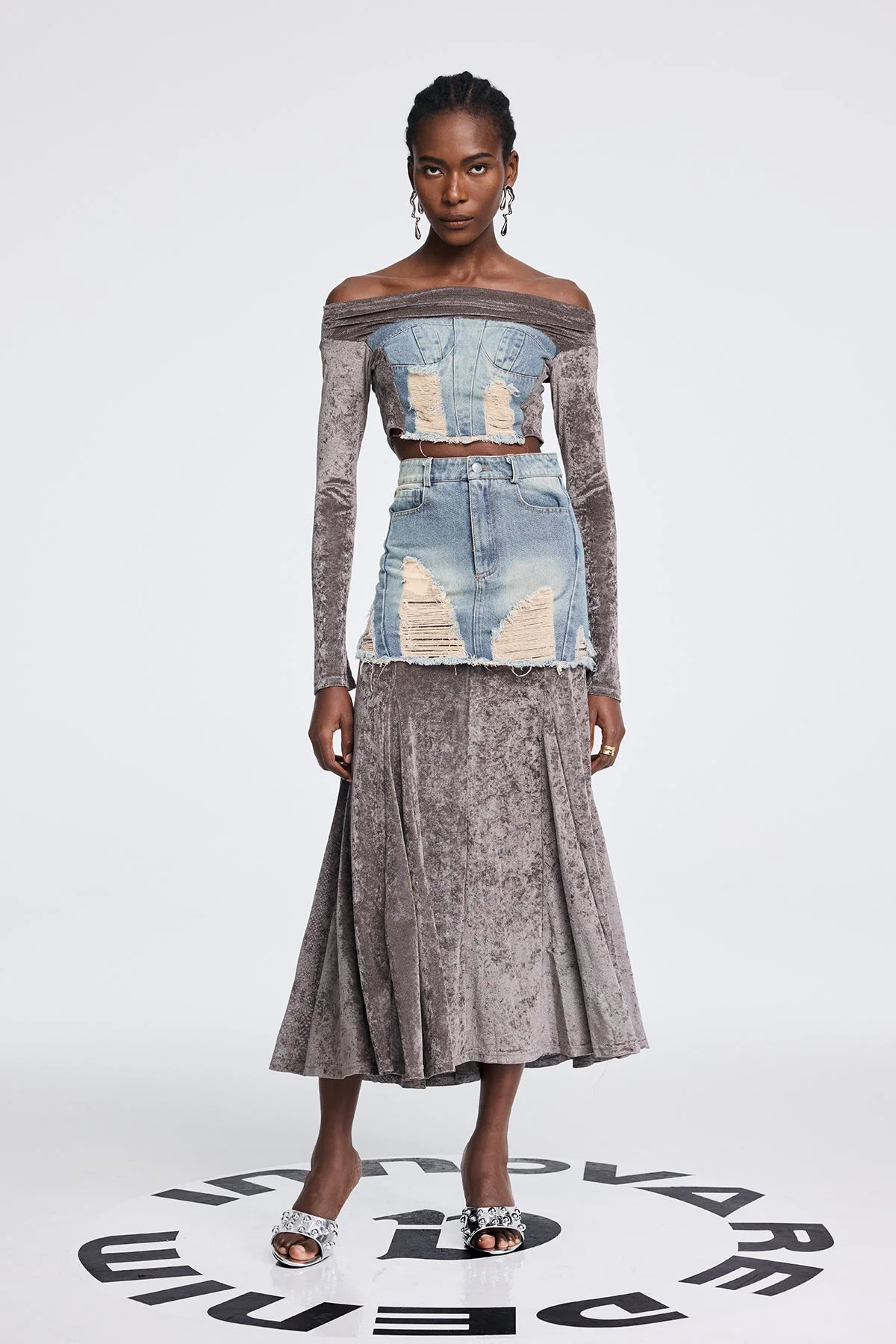 Gray Mesh Off Shoulder Skirt Set