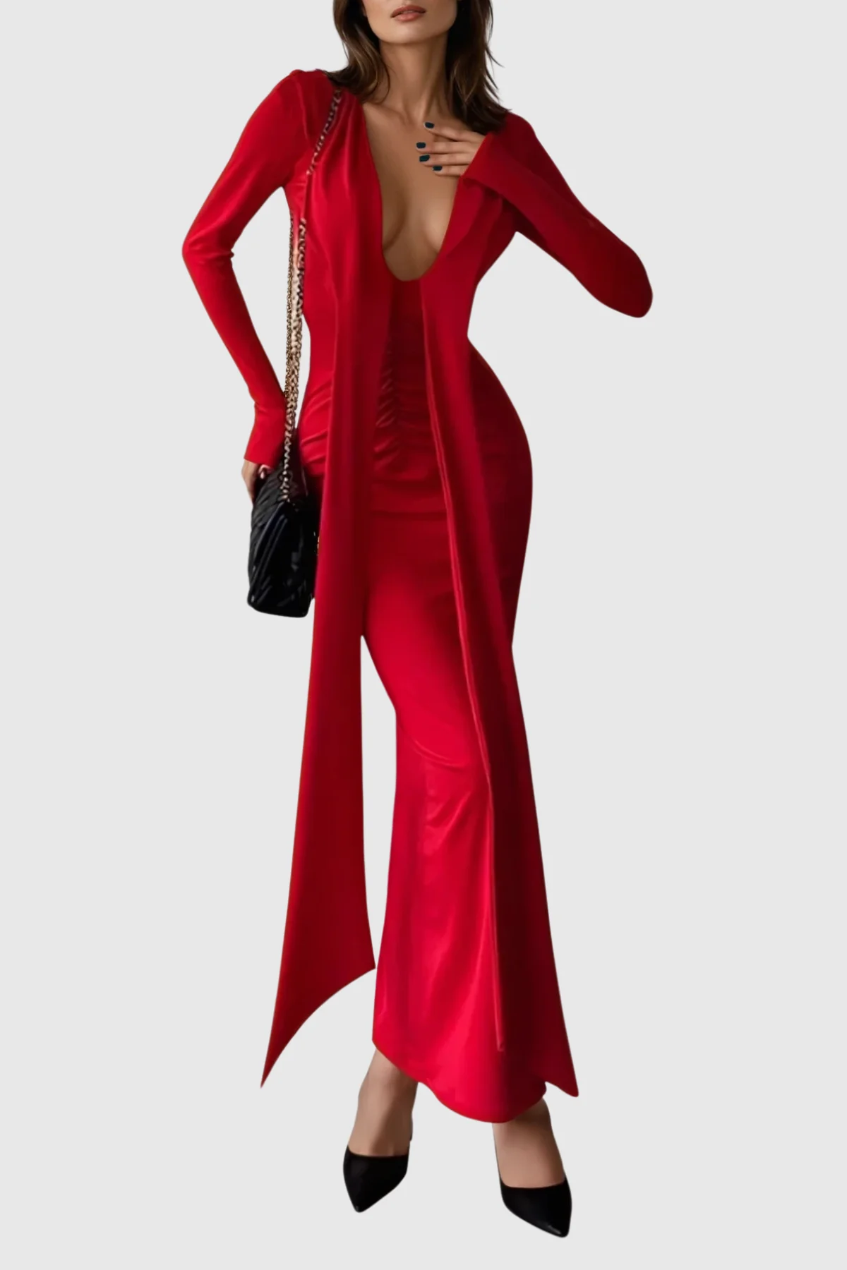 Red Fringe Maxi Dress with Plunge Neckline