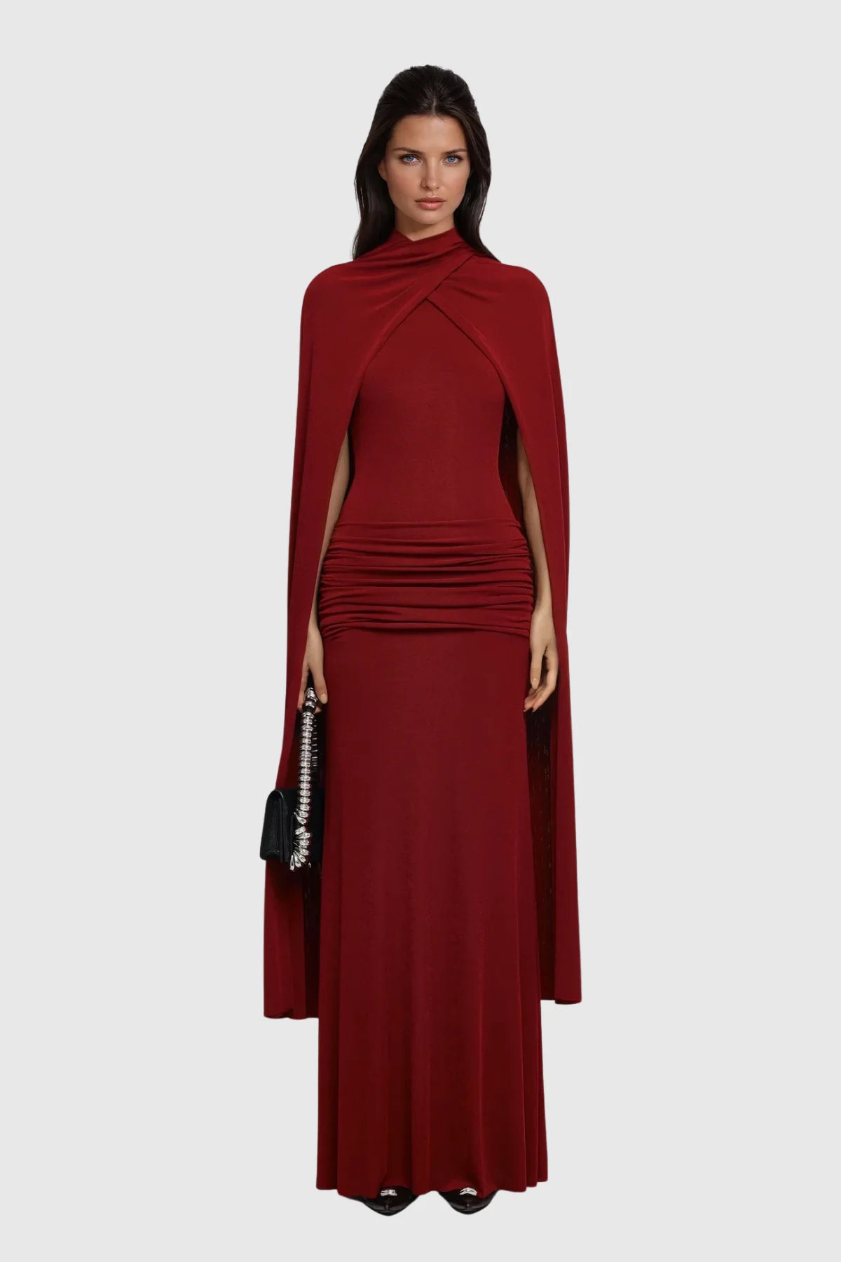 Red Shawl Neckline Bodycon Maxi Dress