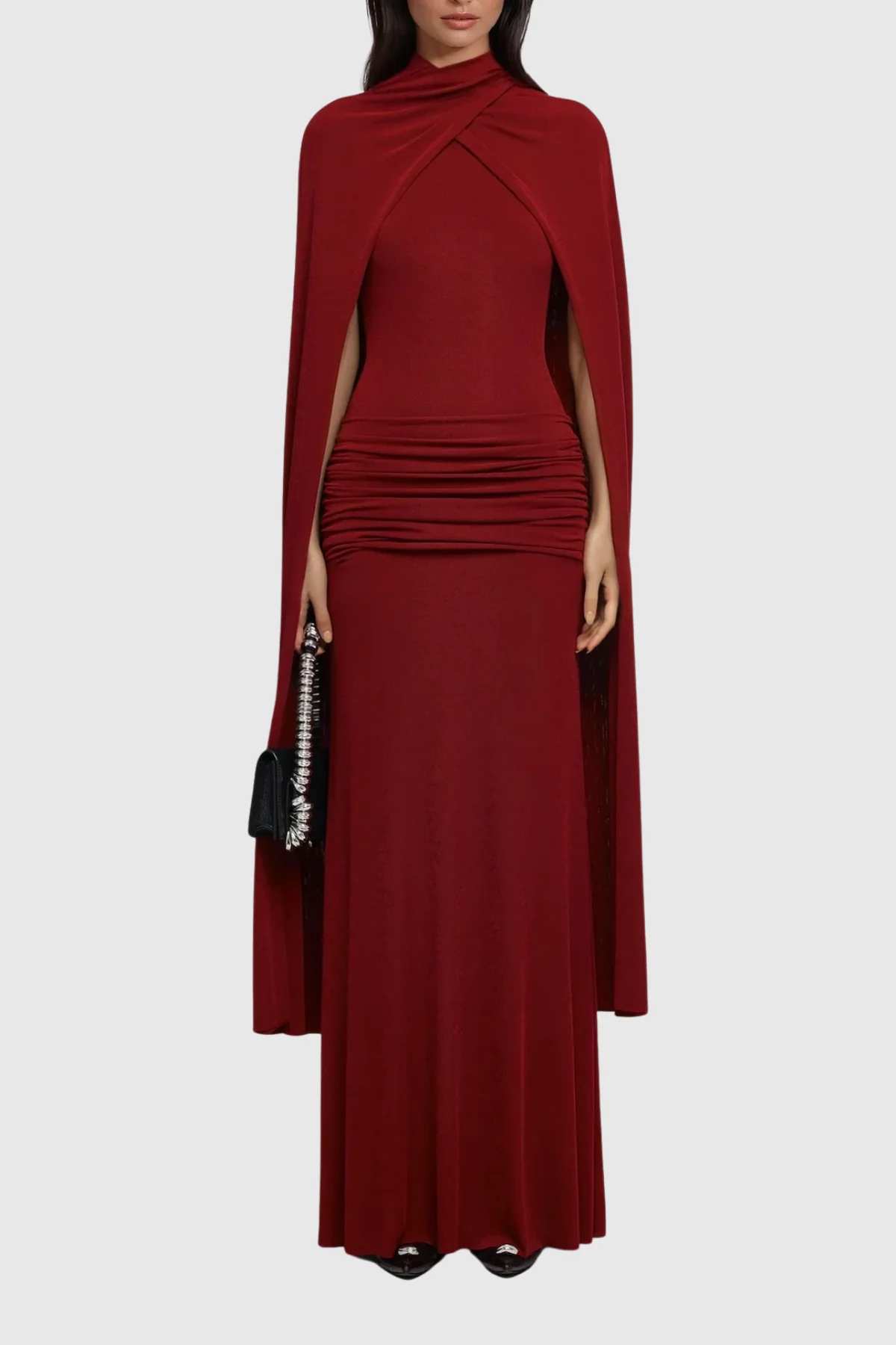 Red Shawl Neckline Bodycon Maxi Dress