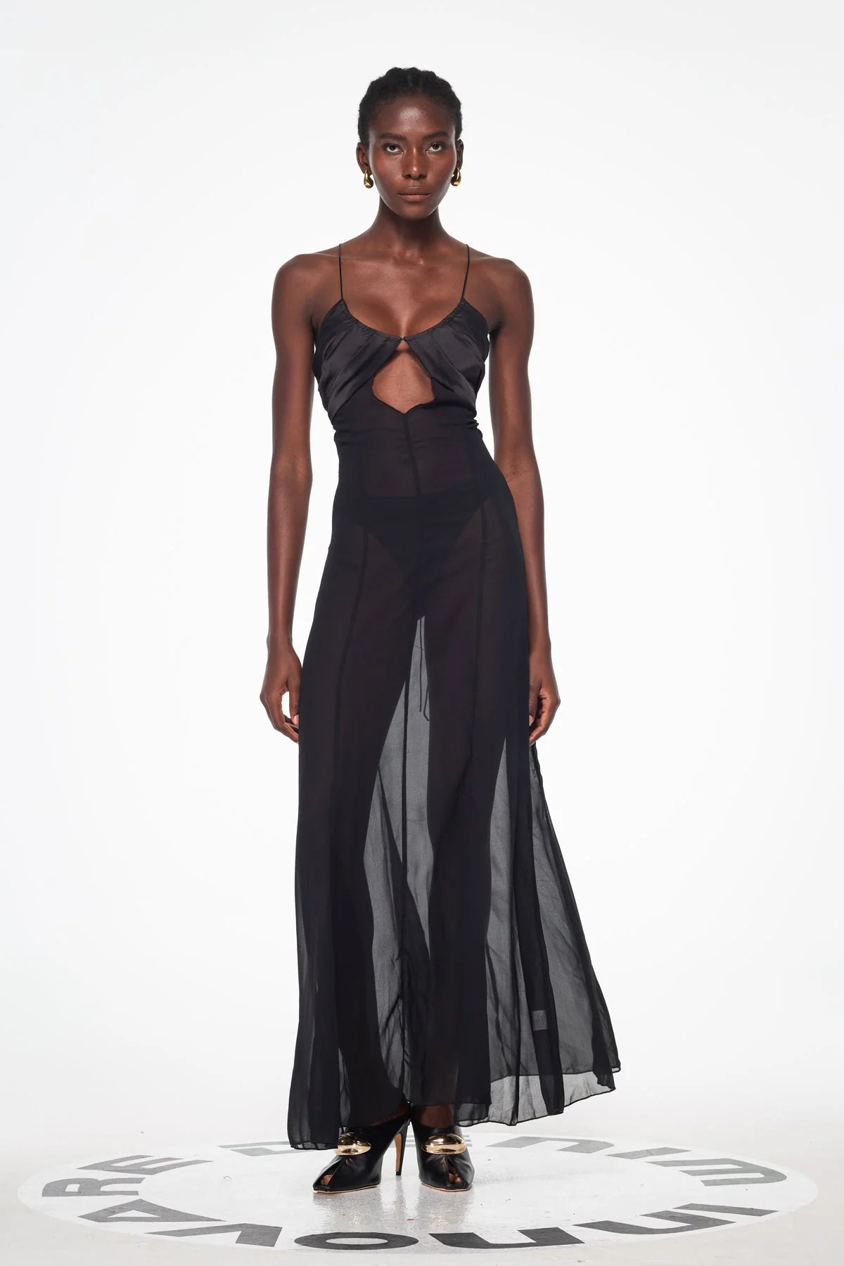 Black Mesh Cutout Lace-Up Maxi Dress