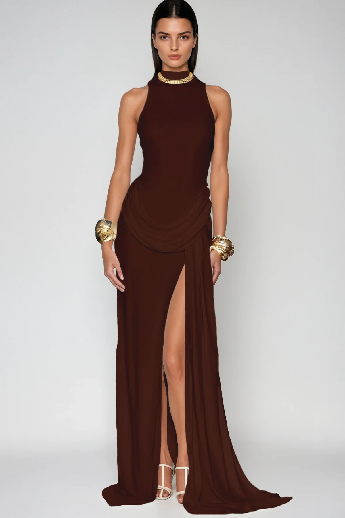 Brown Ruch Sleeveless Split Maxi Dress