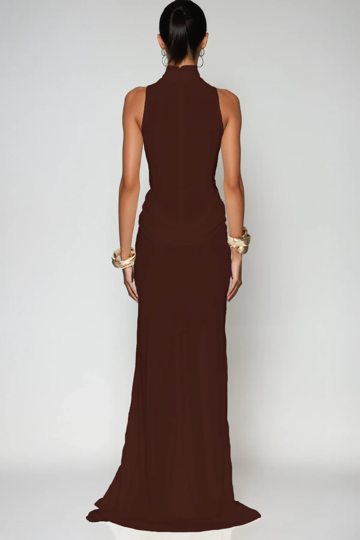 Brown Ruch Sleeveless Split Maxi Dress