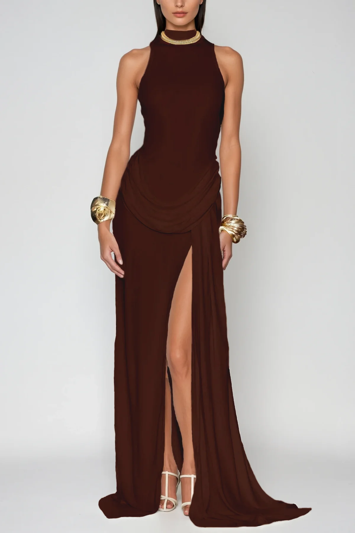 Brown Ruch Sleeveless Split Maxi Dress