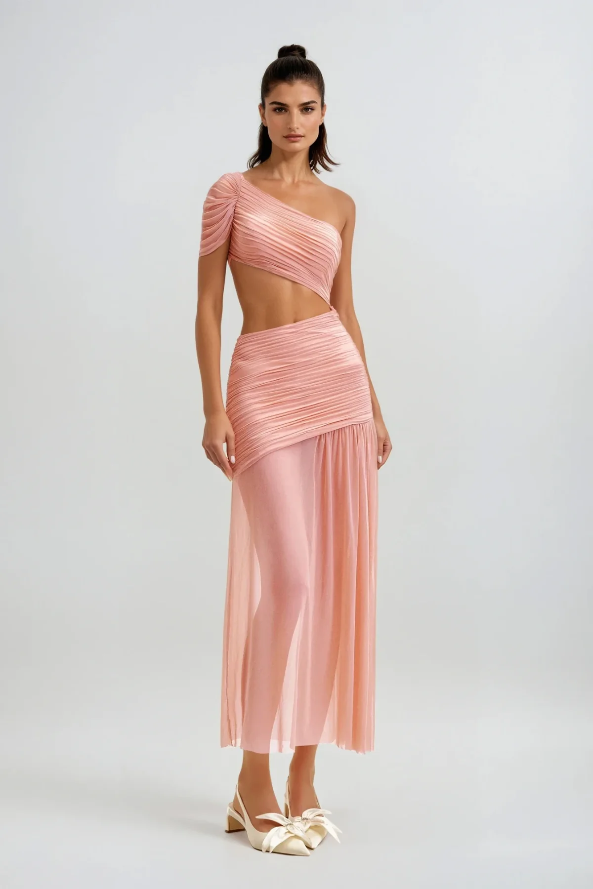 Pink Asymmetric Hemline Cutout Midi Dress