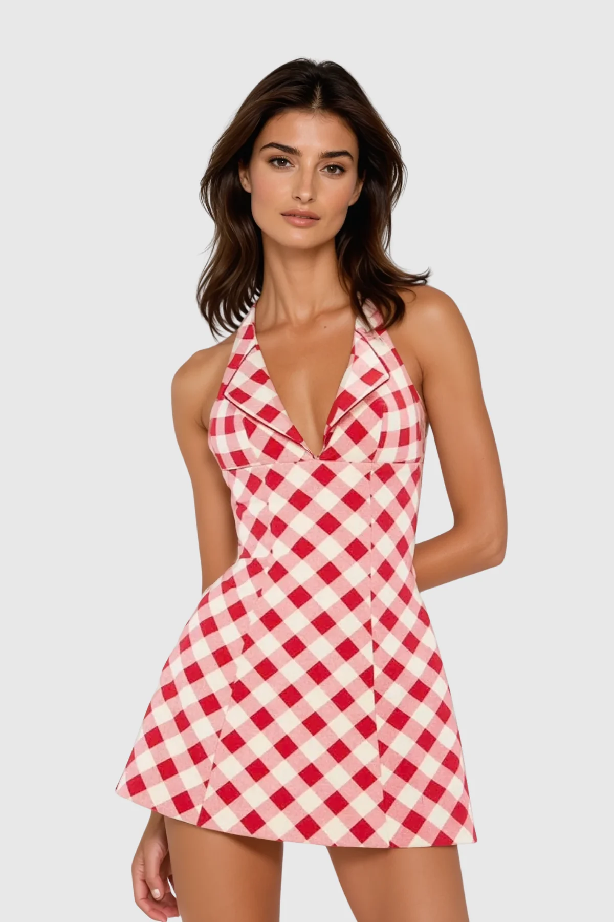 Red Grid Halter Neck Mini Dress