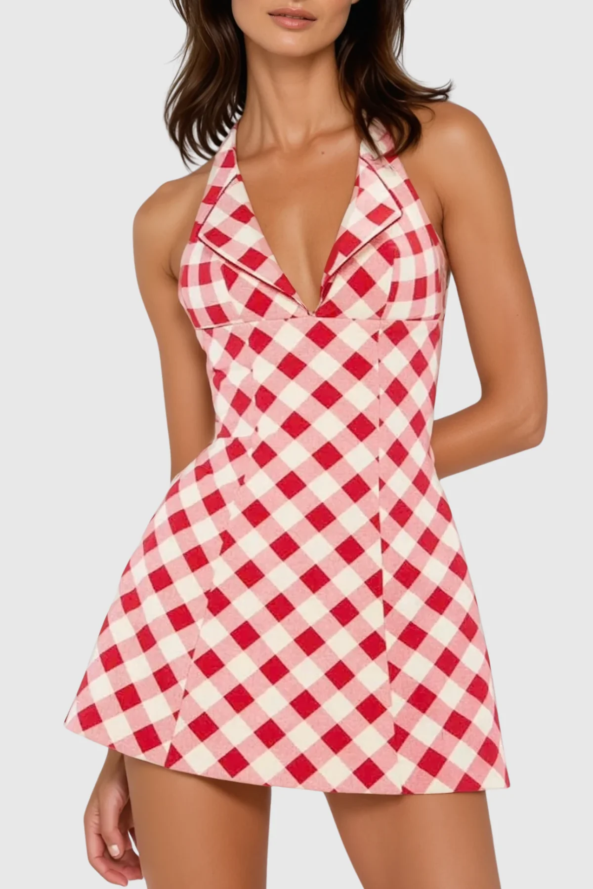 Red Grid Halter Neck Mini Dress