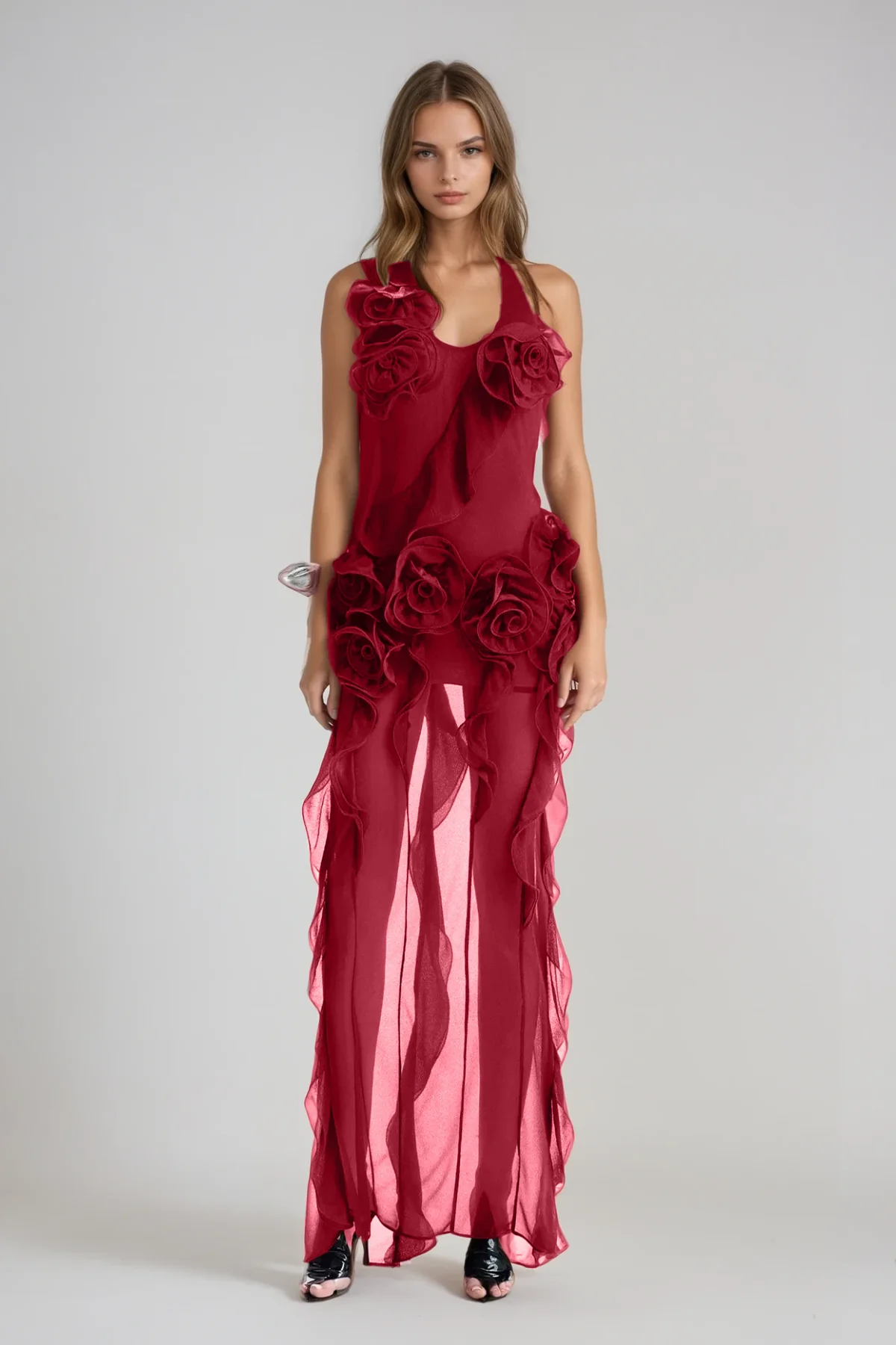 Red Floral Mesh Maxi Dress with Backless Design