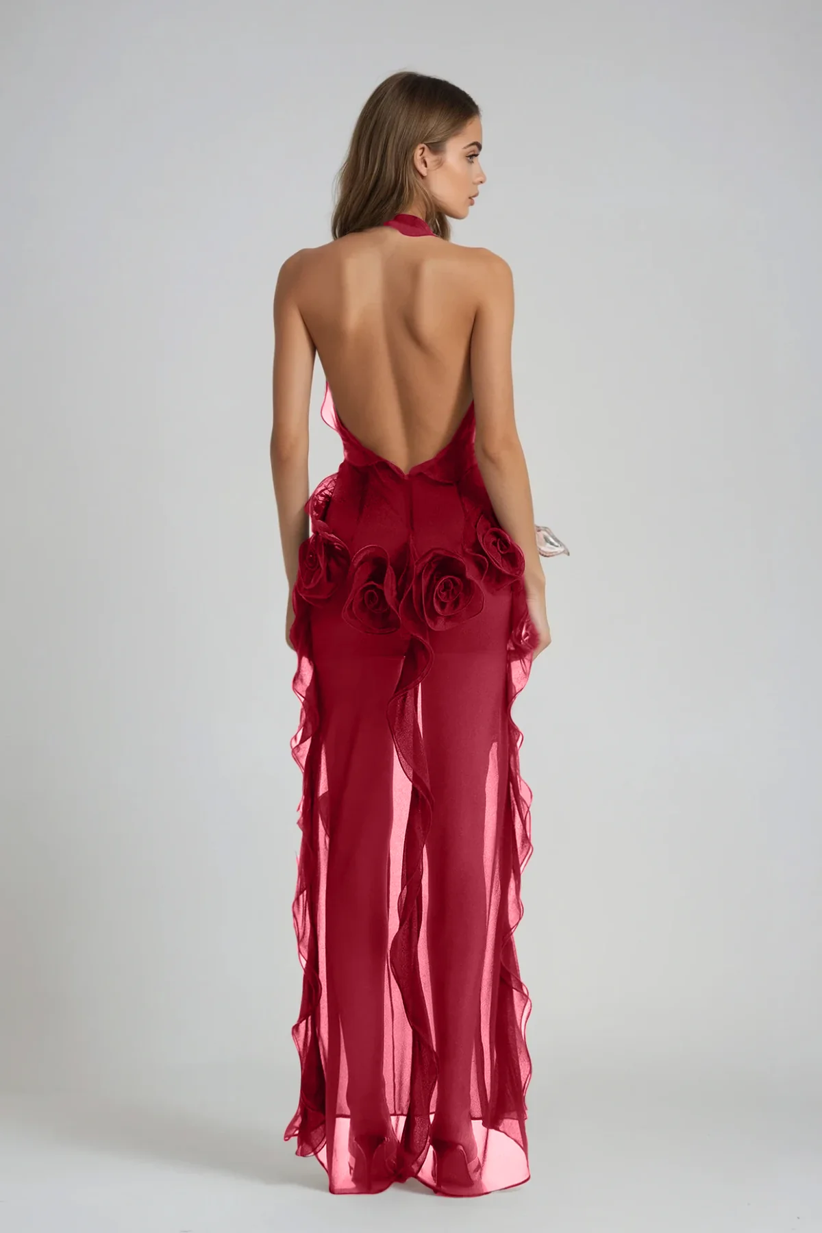 Red Floral Mesh Maxi Dress with Backless Design
