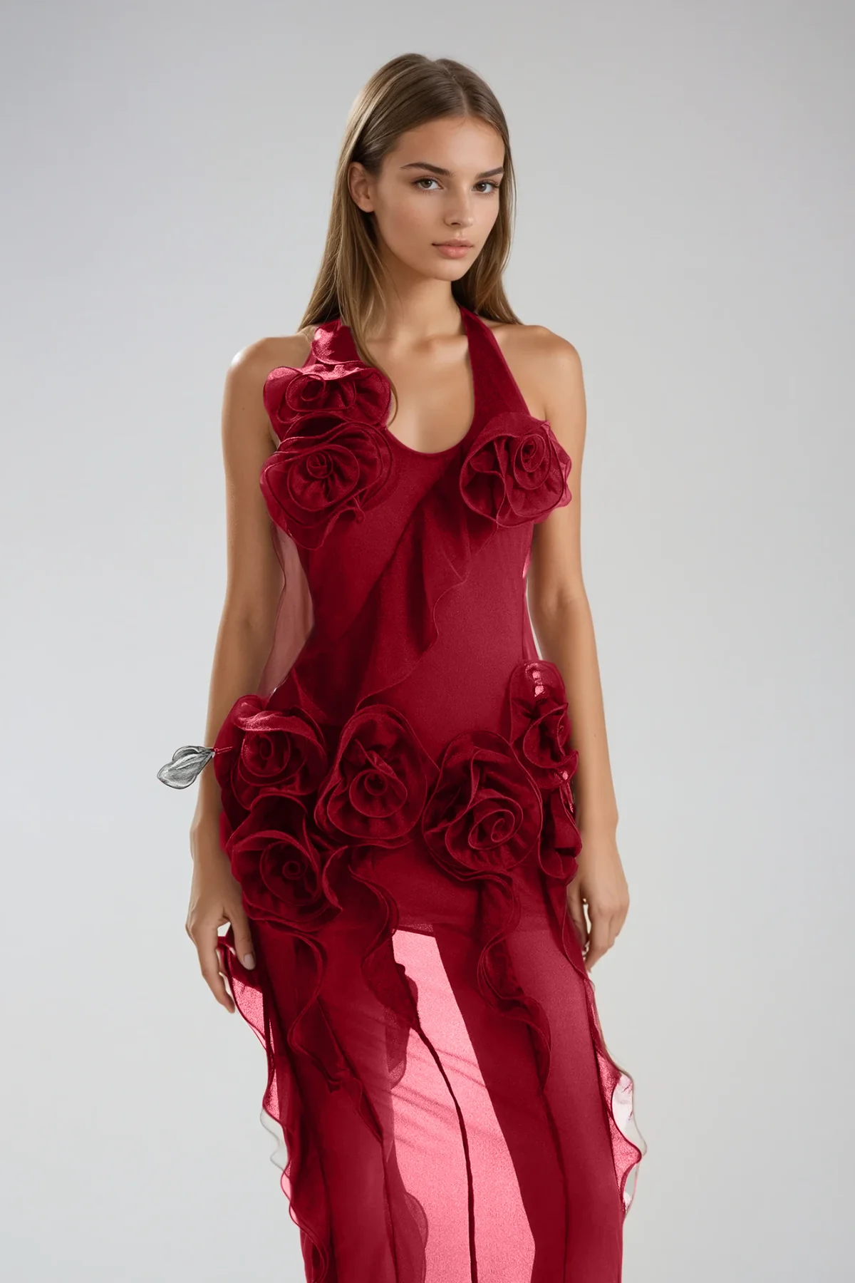 Red Floral Mesh Maxi Dress with Backless Design