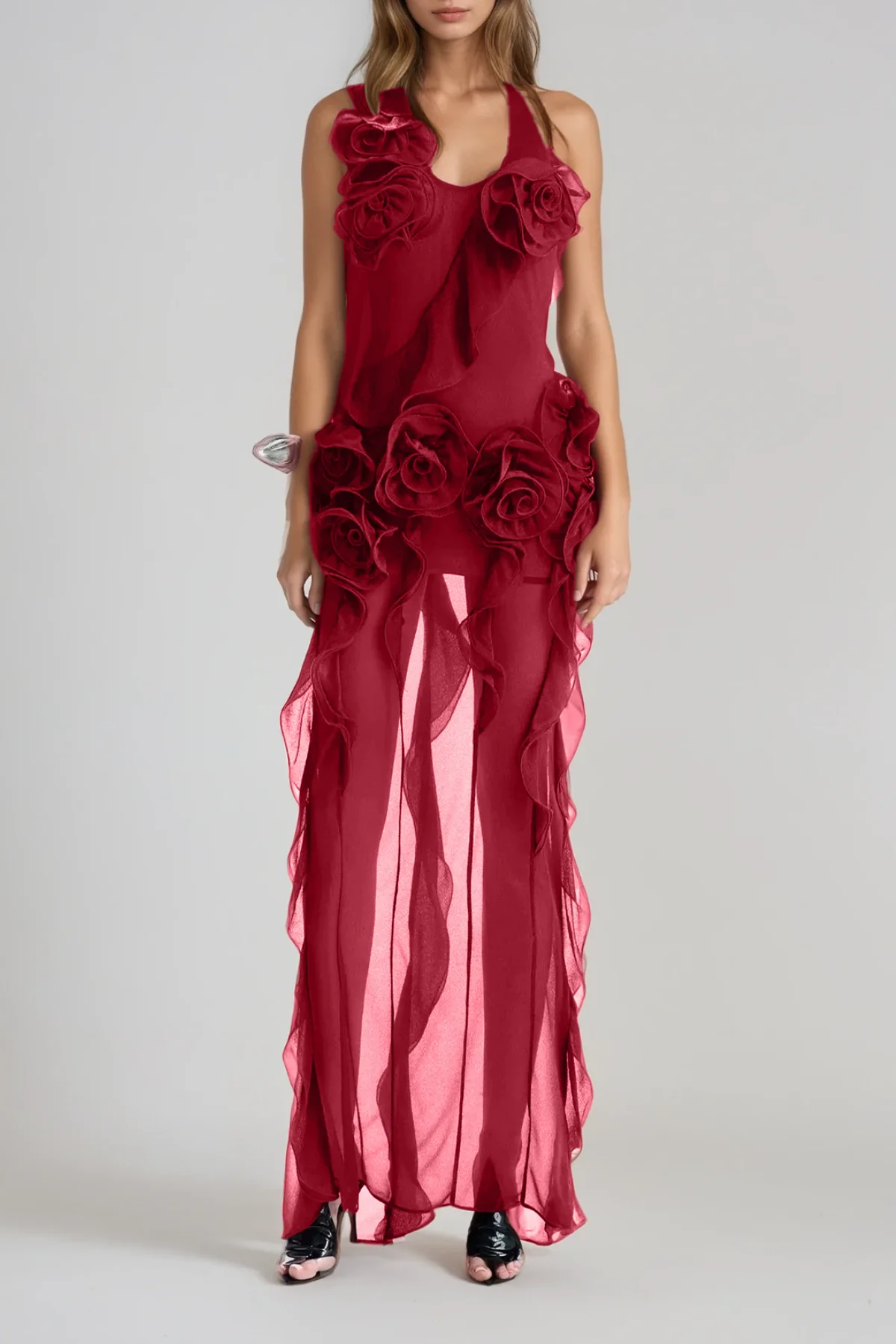 Red Floral Mesh Maxi Dress with Backless Design