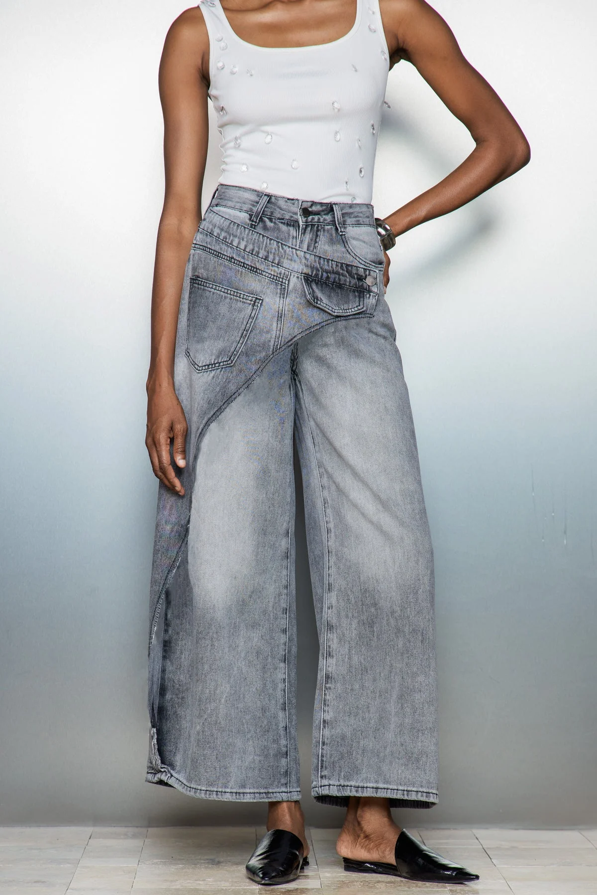 Urban Grey Asymmetric Fringe Jeans