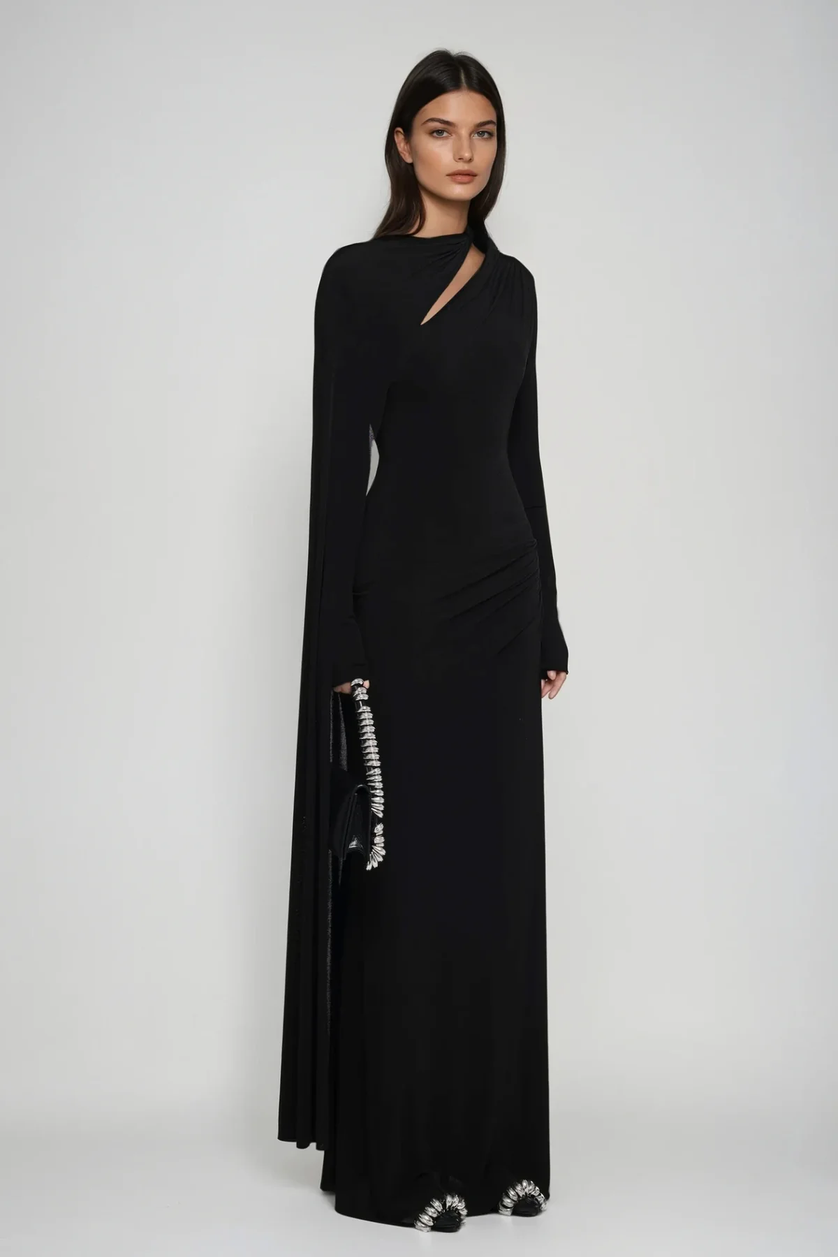 Black Cutout Shawl Maxi Dress - Elegant Eveningwear
