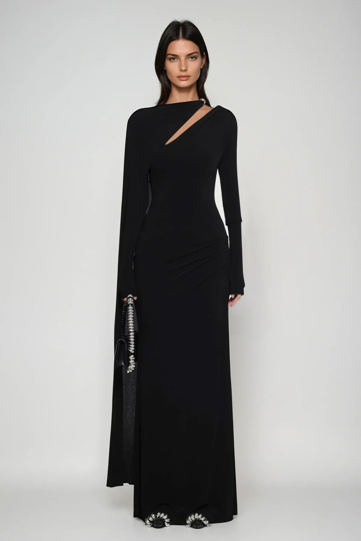 Black Cutout Shawl Maxi Dress - Elegant Eveningwear